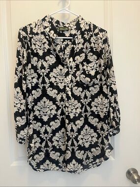 Maude Black and Cream Damask Print Button-Front Blouse